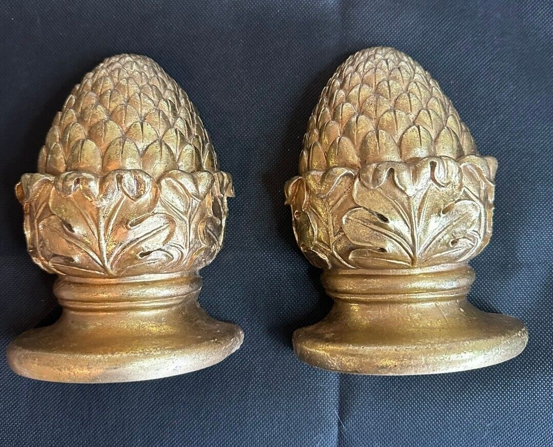 CBK Ltd 1995 Gold Tone Bookends Pinecone Finial Nestled in Acanthus Leaves