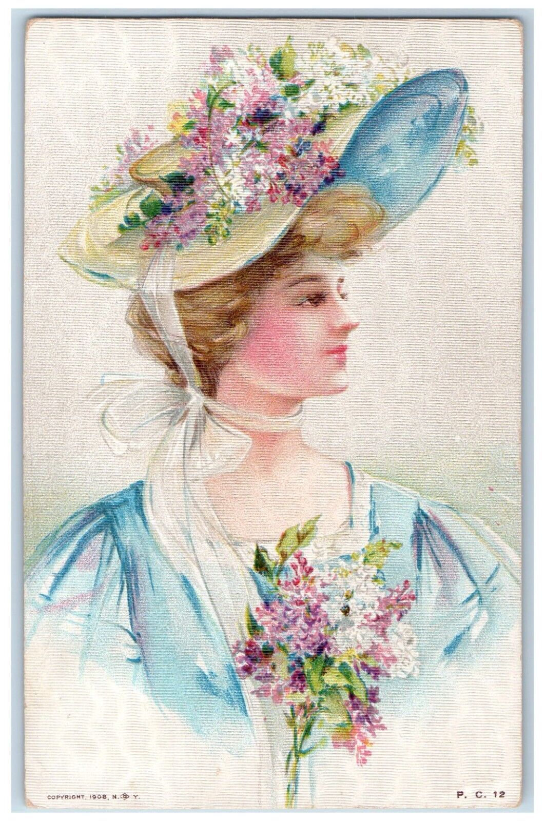 1909 Victorian Pretty Woman Big Hat Flowers Columbus Grove OH Antique Postcard