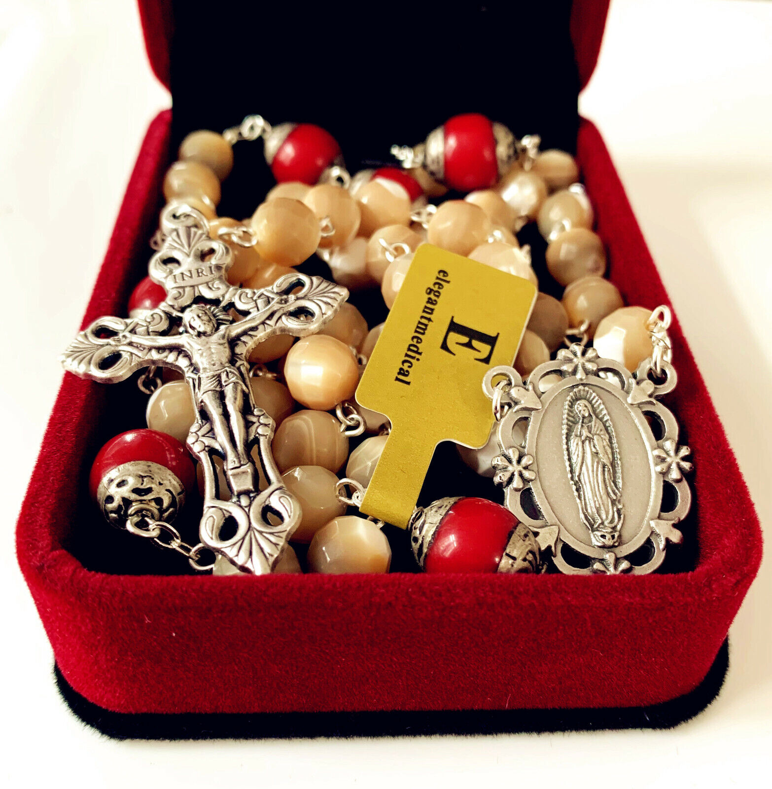 MOTHER-OF-PEARL & RED CORAL BEADS CATHOLIC ROSARY CRUCIFIX CROSS NECKLACE BOX