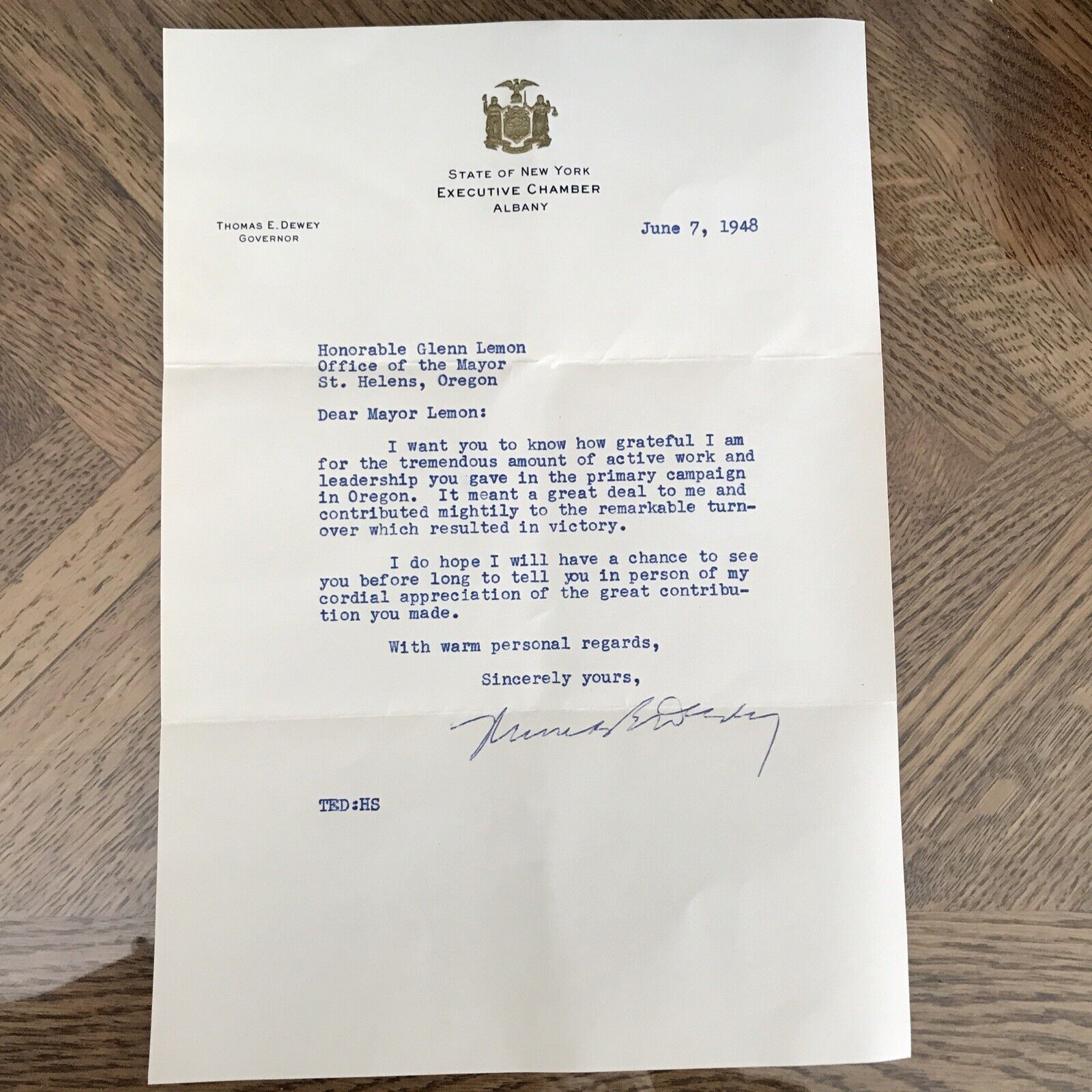 Letter 1948 New York Governor Thomas E. Dewey signed auto Official Letter.