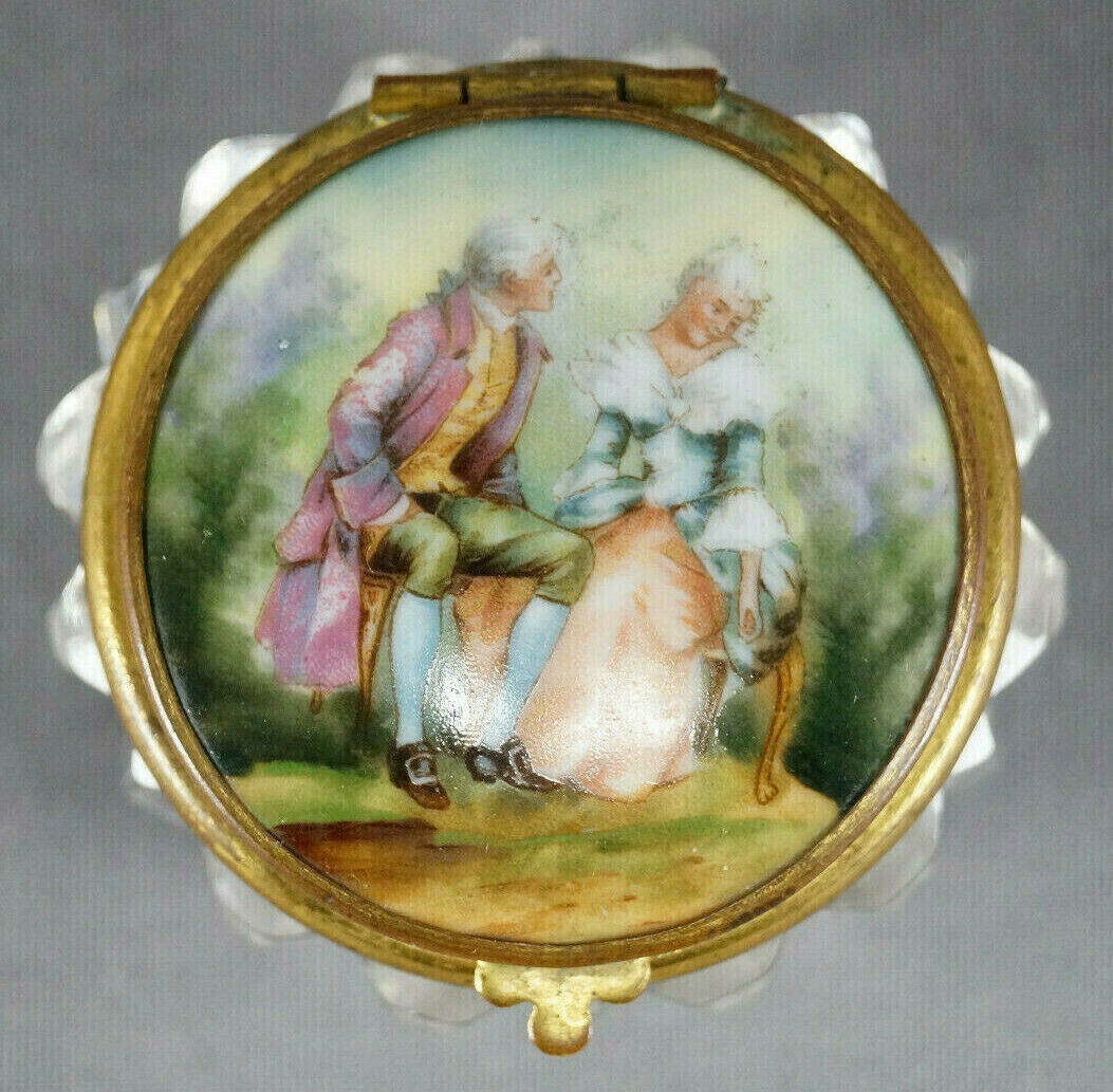 European Porcelain Courting Couple & Cut Crystal Gilt Mounted Trinket Box C.1900