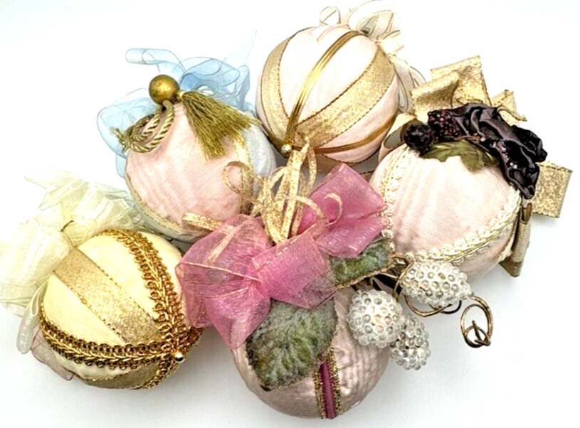 Lot 5 Vintage Handmade Victorian Christmas Ornaments Pink Gold Shatterproof 2.5\