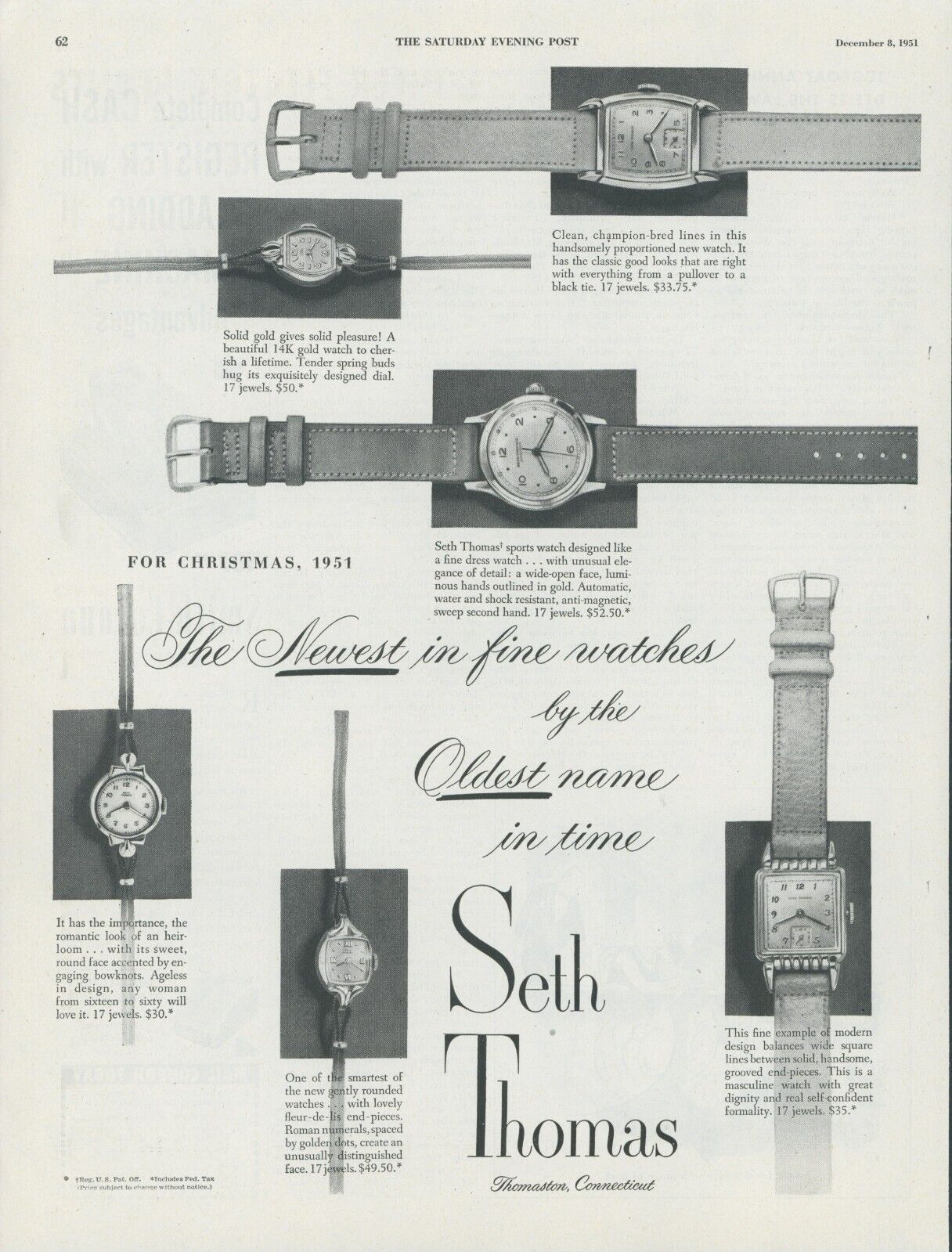 1951 Seth Thomas Watch Newest Watches Oldest Name In Time Vintage Print Ad SP5