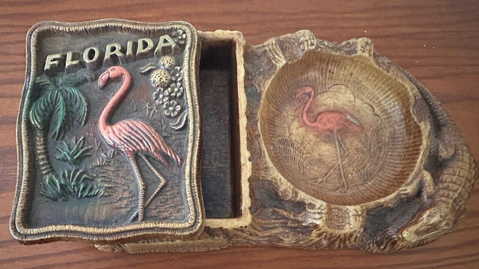 Vintage Florida Souvenir Faux Wood Ash Tray W Rectangle Flamingo Gator