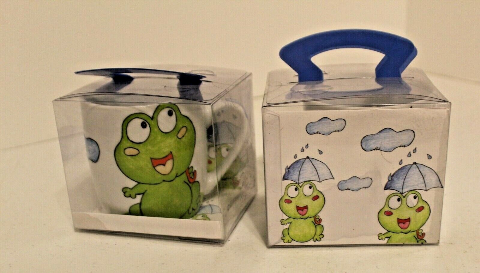 2-ADORABLE COLLECTIBLE FROG CUPS, WHITE WITH GREEN FROGS ALL AROUND, 3 1/2\