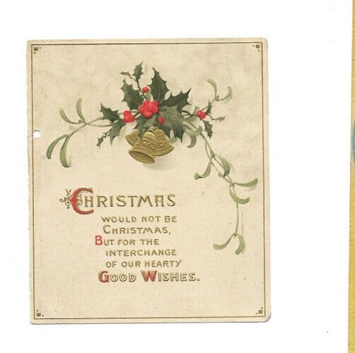 c.1900s Christmas Bells Holly Branch Embossed Mini Greeting Card UNUSED
