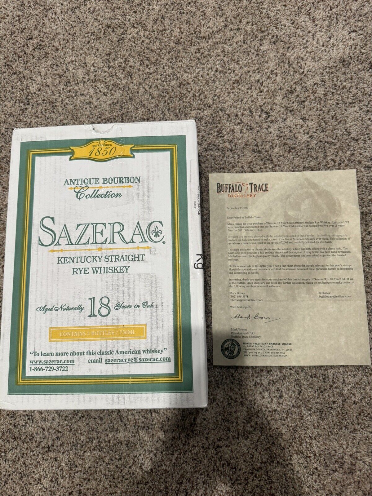 2021 Sazerac 18 Empty Box With Letter BTAC Buffalo Trace Antique