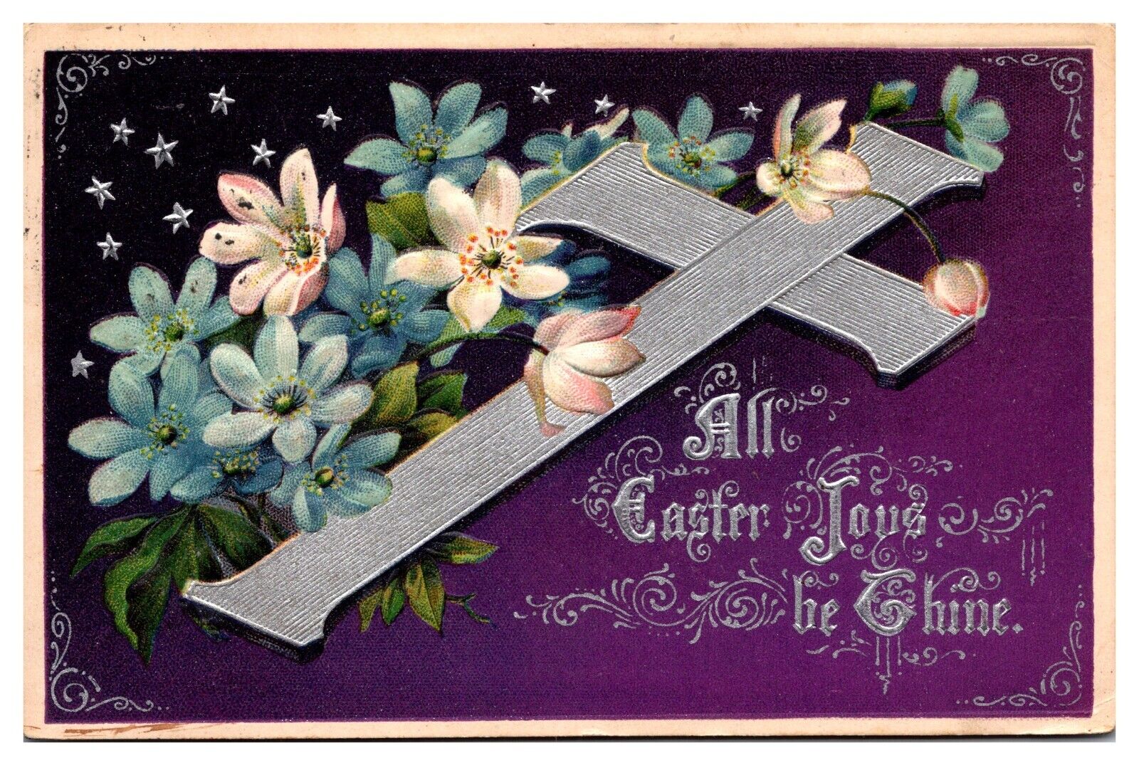 1911 All Easter Joys be Thine, Floral, Cross, Embossed, Greetings Postcard