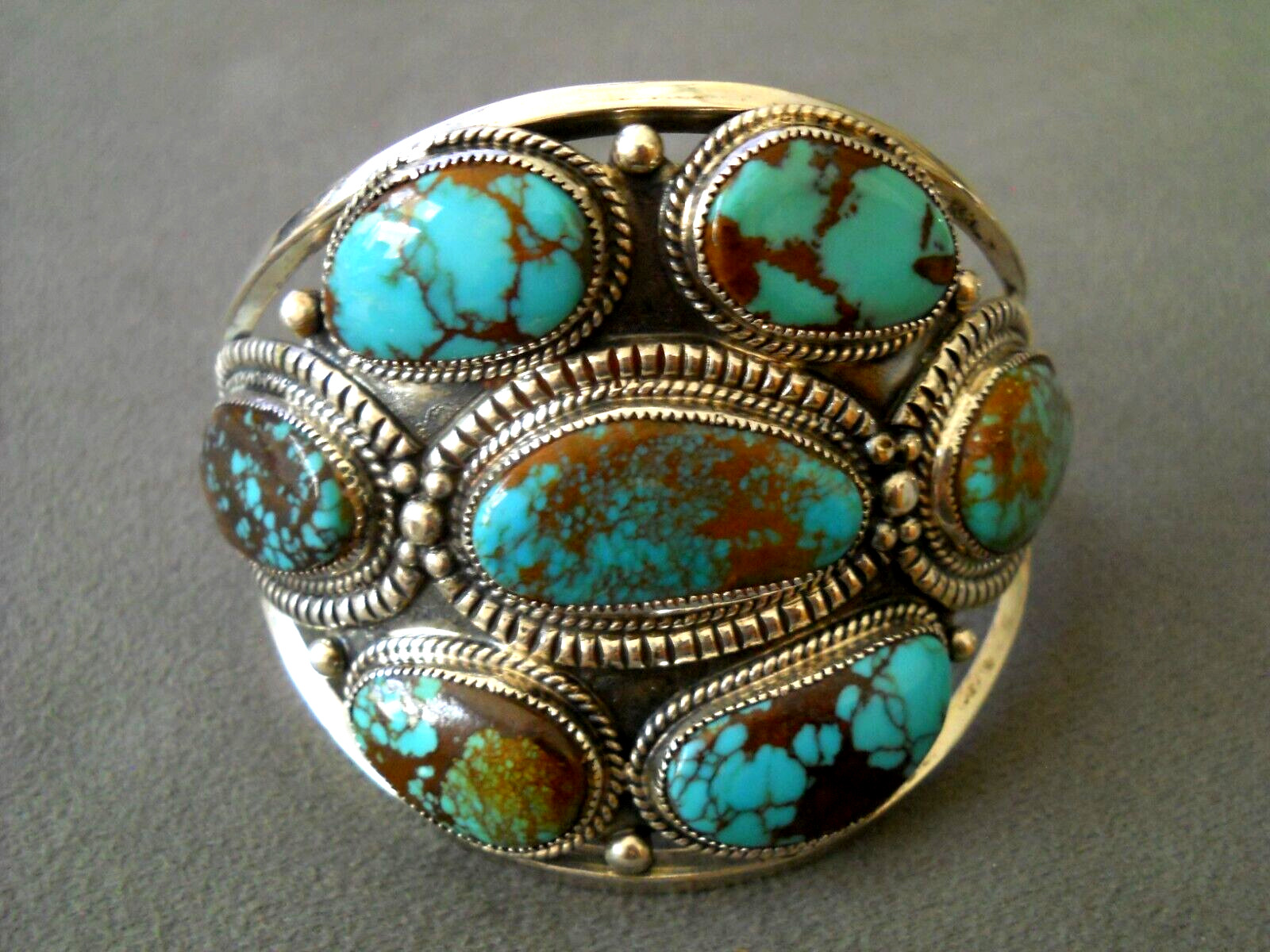 LARGE Native American Navajo Webbed Turquoise Cluster Sterling Silver Bracelet