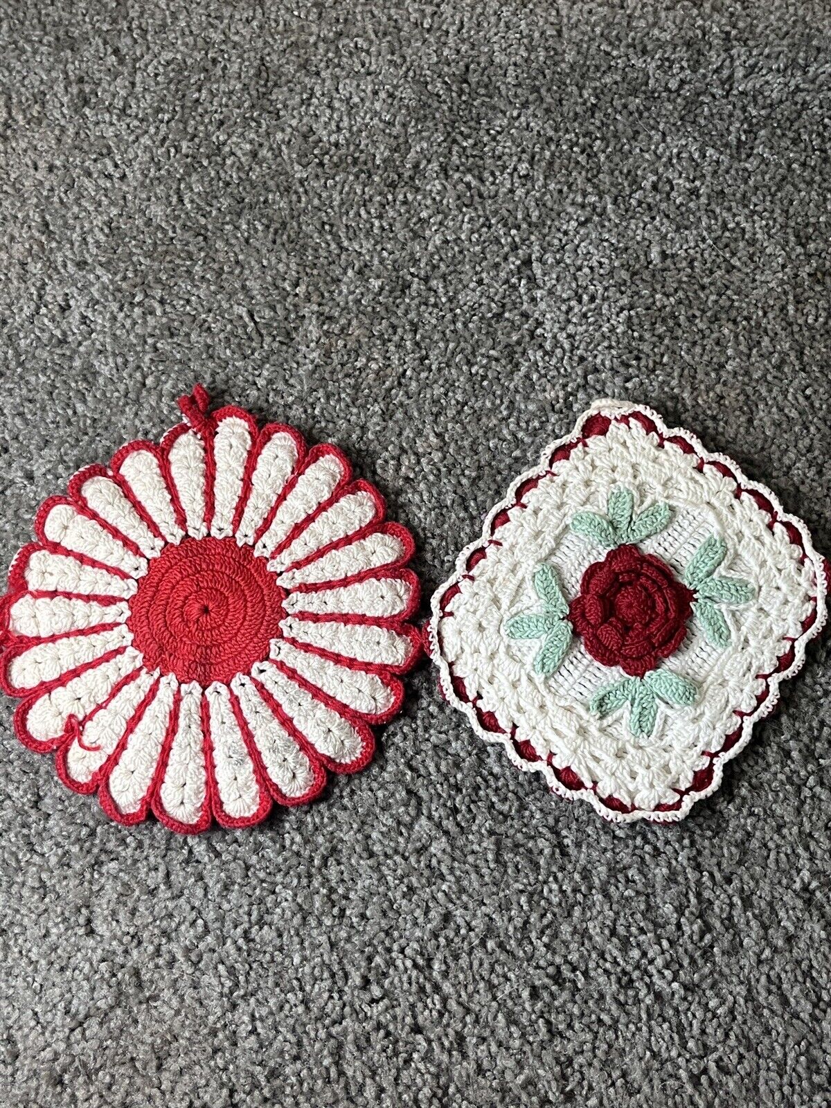Vintage Hand Crochet Red And White Rose Hot Pad Potholder Granny Chic Set Of 2