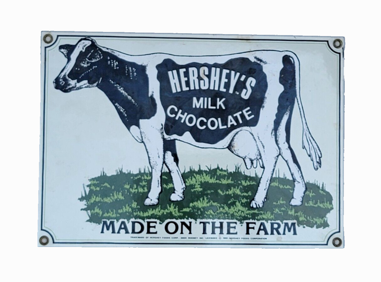 Ande Rooney Hershey\'s Milk Chocolate Cow Porcelain Advertising Sign Vintage 91