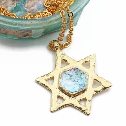 Antique Roman Glass Star Of David 14k Gold Plated Pendent Ancient Fragment 200BC