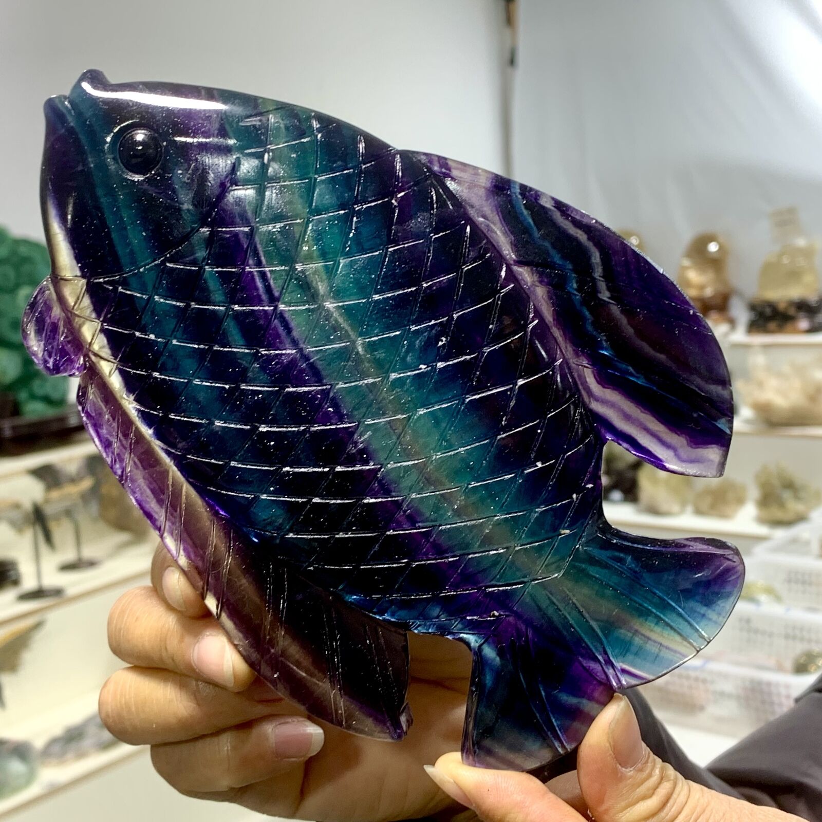 1.44LB Natural Beautiful Colours Fluorite Crystal Carving Fish Sculpture Healing