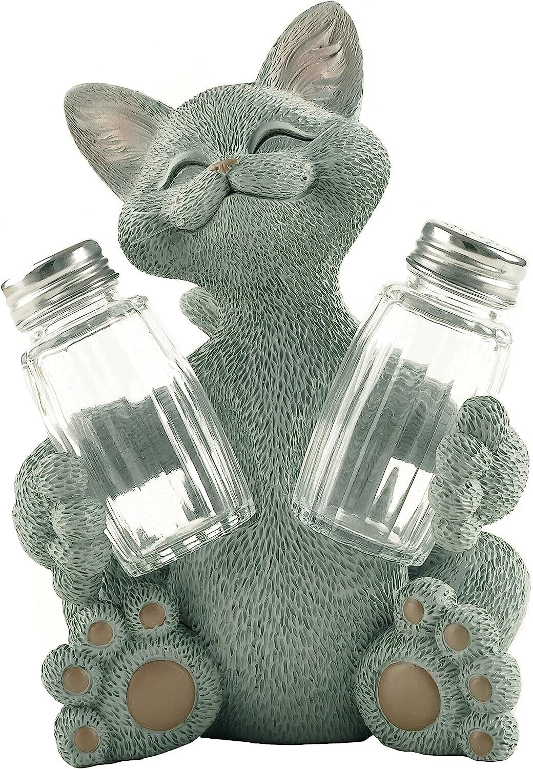 Whimsical Grey Cat Salt & Pepper Shaker Holder Figurine Decorative Collectible