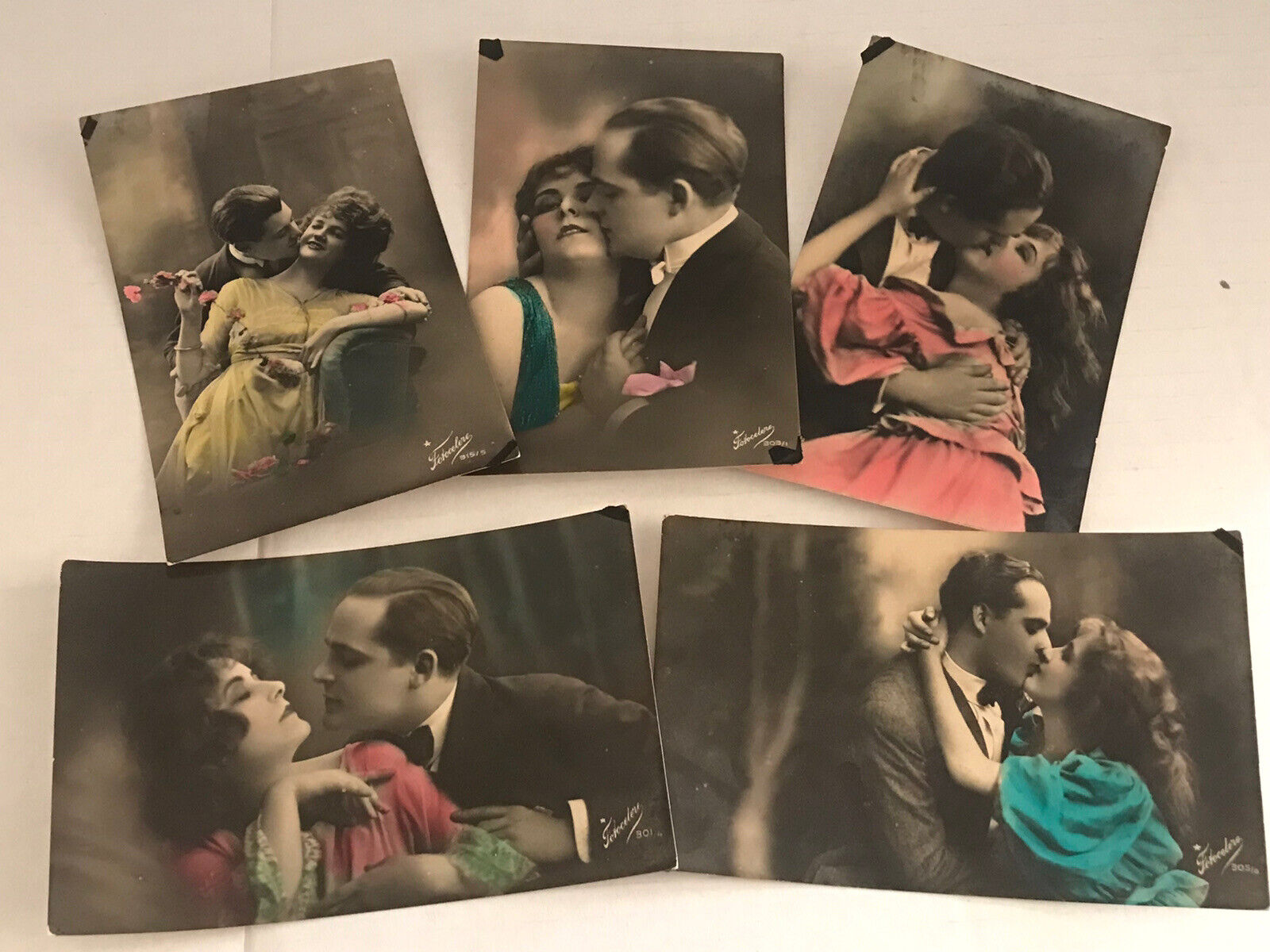 Vtg hand Tinted Real photo postcards Set of 5 romantic couple Fotocelere Italy