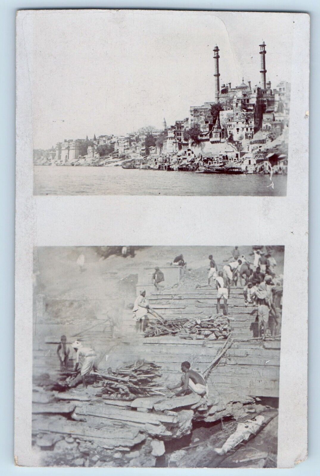 Benares India Postcard RPPC Photo Ganga Ghat Dual View c1905 Antique Posted
