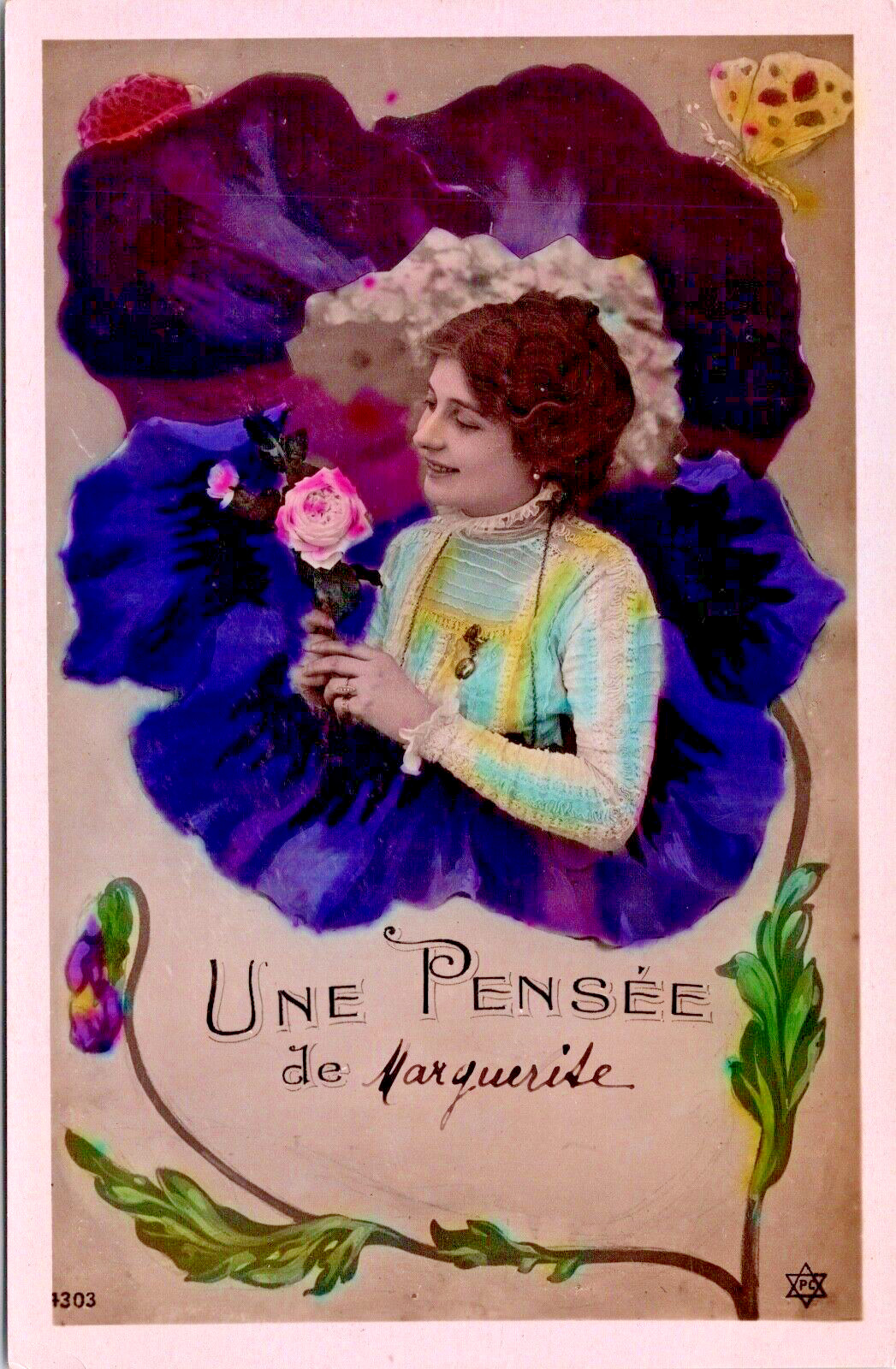 RPPC Hand Tinted Pretty Lady Fantasy Purple Flower PC French  Studio WOB  (N 33)