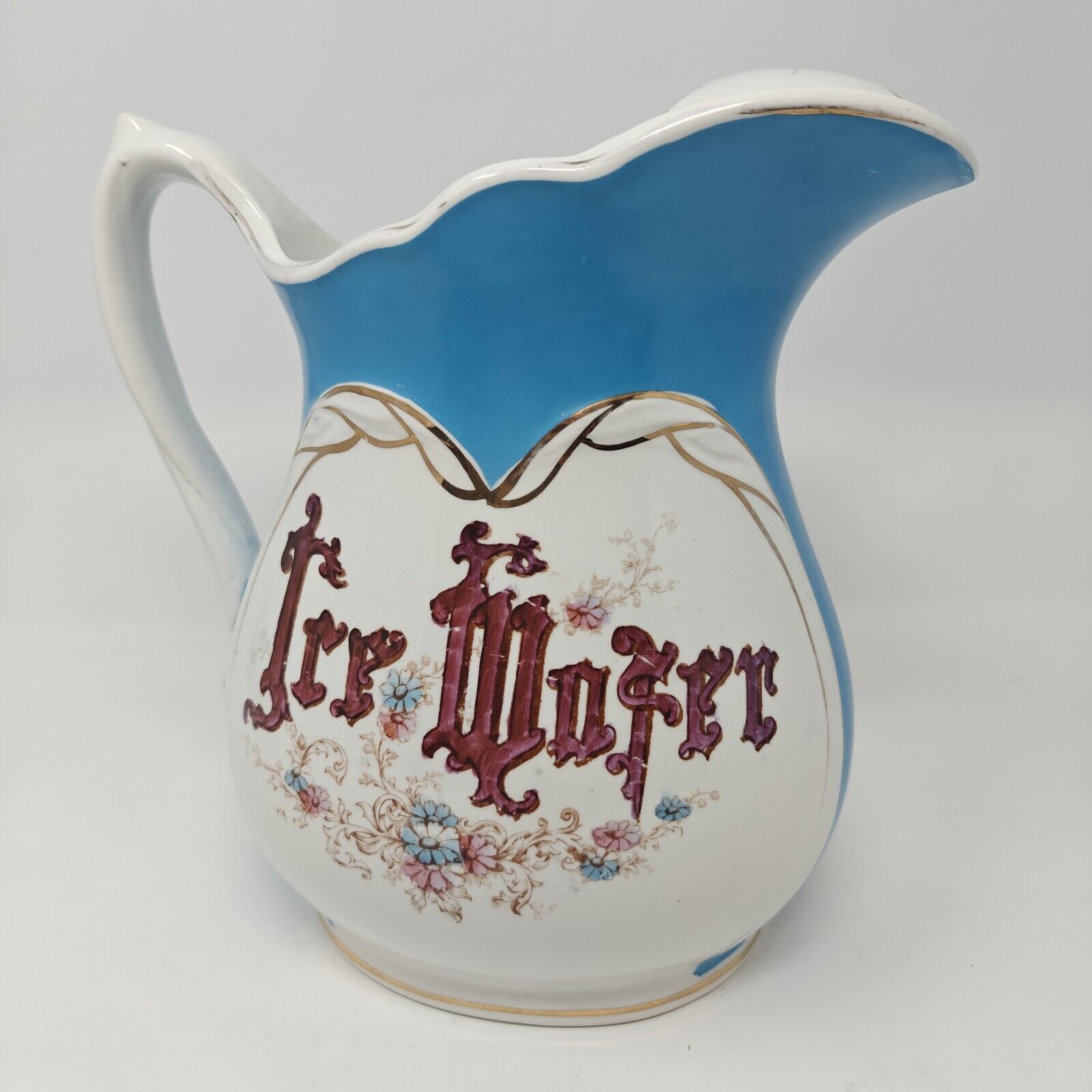 Antique Homer Laughlin Ironstone Ice Water Pitcher, Hotel, Blue Floral