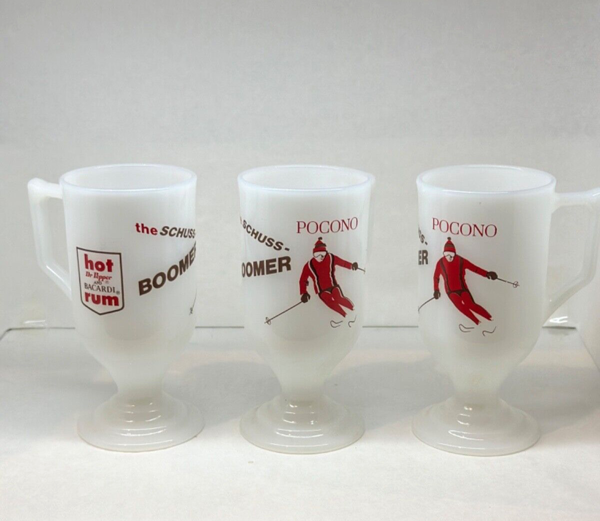1960s Dr Pepper Bacardi Rum The Schuss Boomer Skiing Advertising Milk Glass Mug