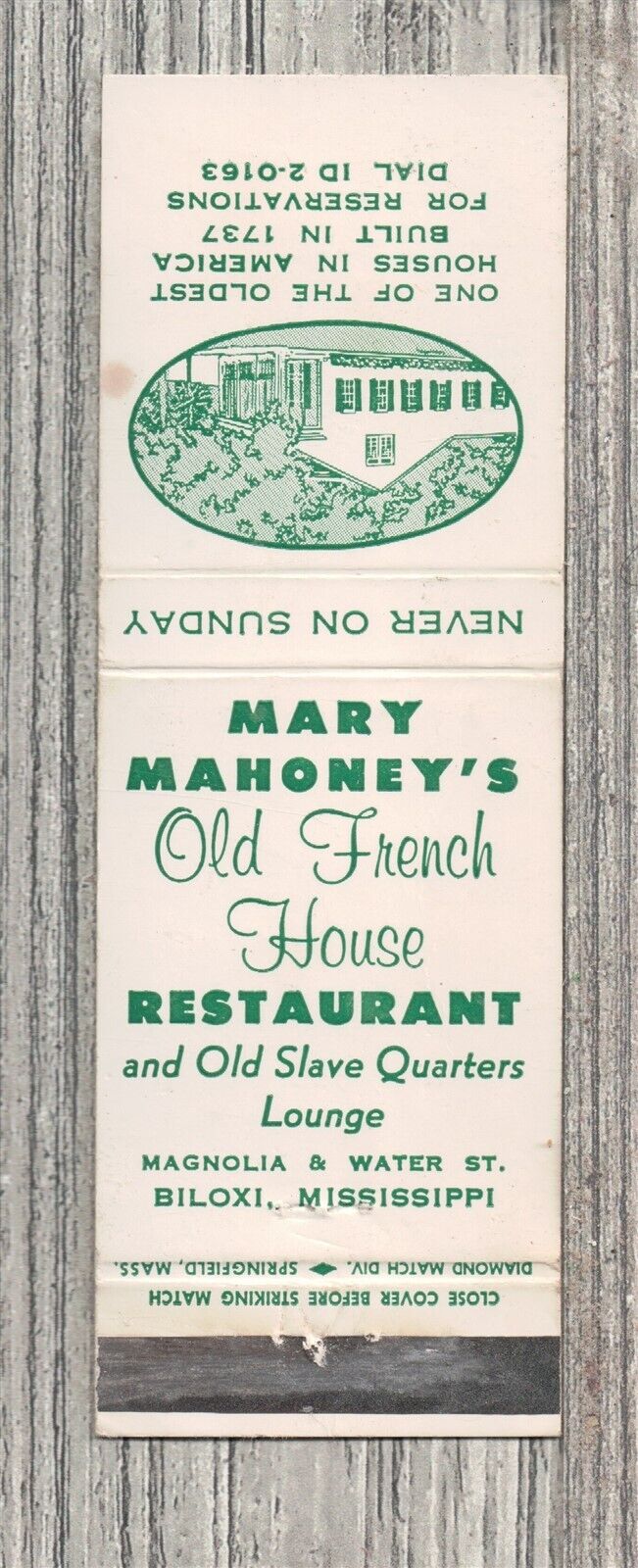 Matchbook Cover-Mary Mahoney\'s French House Restaurant Biloxi Mississippi-8578