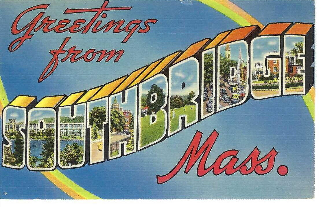 CM-402 MA Southbridge Greetings from Large Letter Linen Postcard Perkins Butler