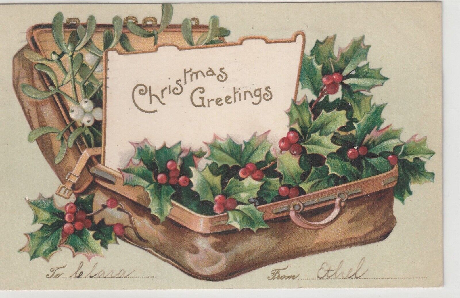 Vintage Christmas Postcard: Suitcase Filled with Holly and Mistletoe - c 1905