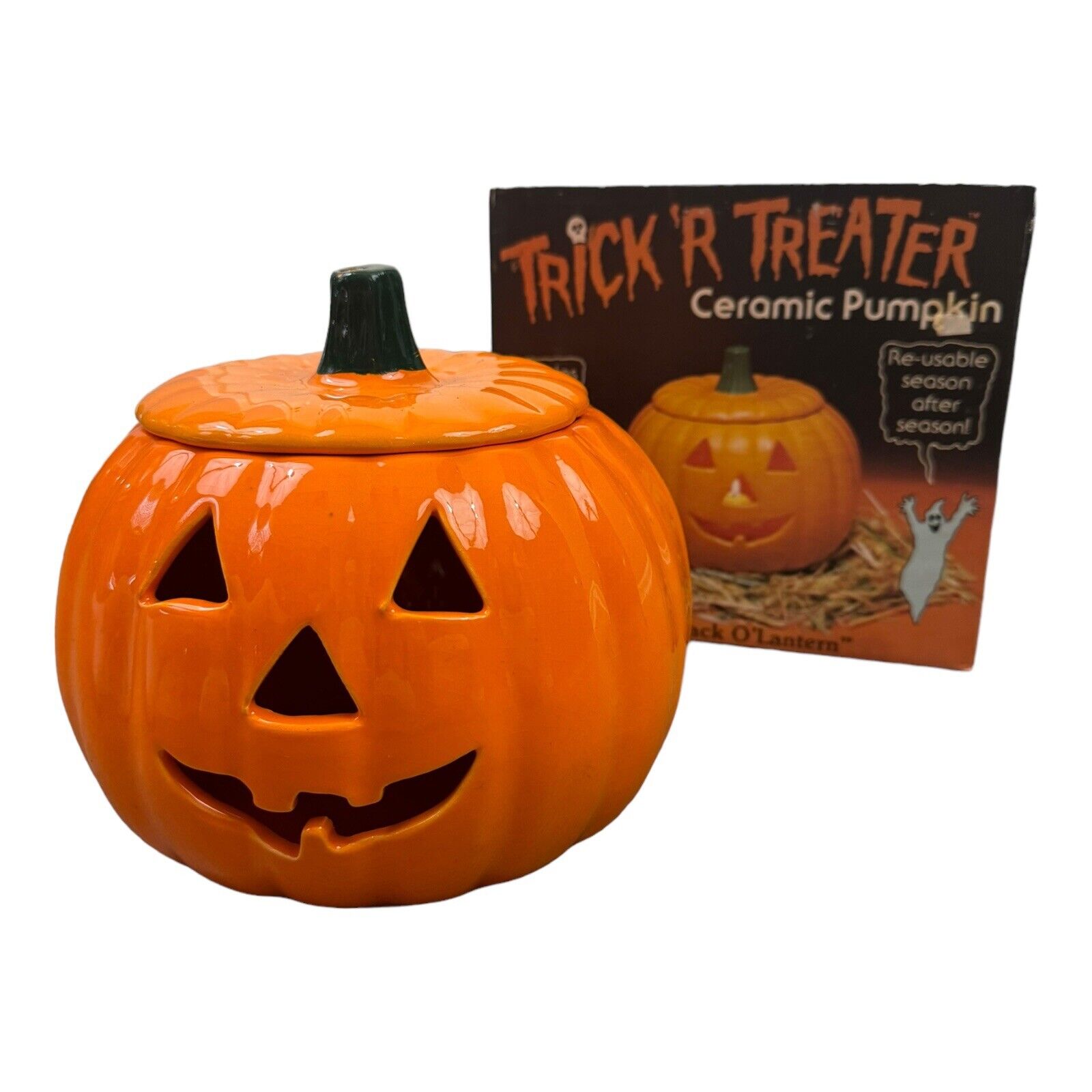 Vtg Halloween Trick R Treat Ceramic Pumpkin Jack O Lantern With Box Happy Face