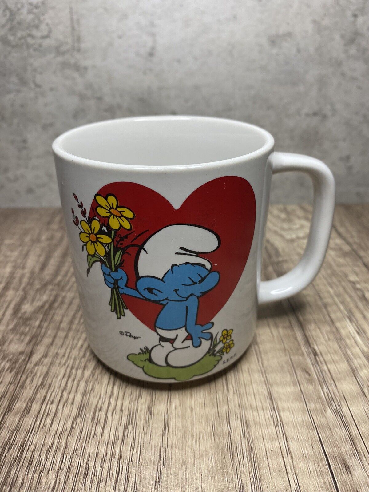 Valentine Heart Smurf Ceramic Coffee Cup Mug Wallace Berrie Vintage 1981 Retro 