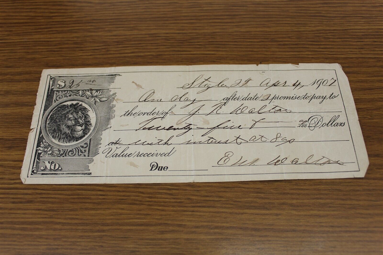 STIGLER INDIAN TERRITORY PROMISARY NOTE 1907. LION AT LEFT