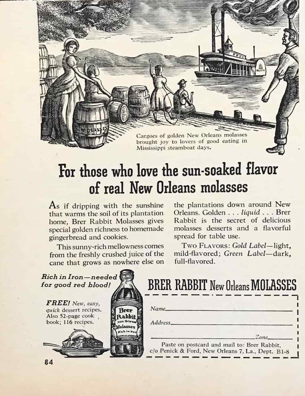 1948 Brer Rabbit New Orleans Molasses PRINT AD Sun-Soaked Flavor Steamboat Cargo