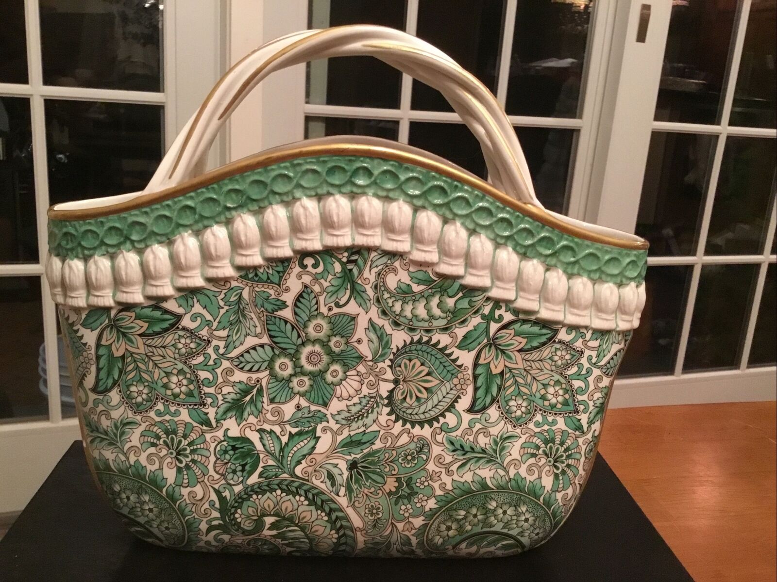 Vintage Mottahedeh Ceramic Handbag Purse in Green Chintz Paisley Design