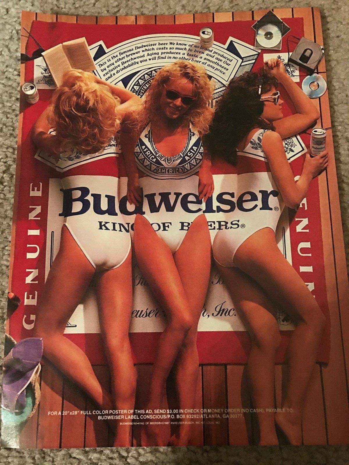 Vintage 1980s BUDWEISER BUD GIRLS Poster Print Ad KING OF BEERS BEER TOWEL RARE