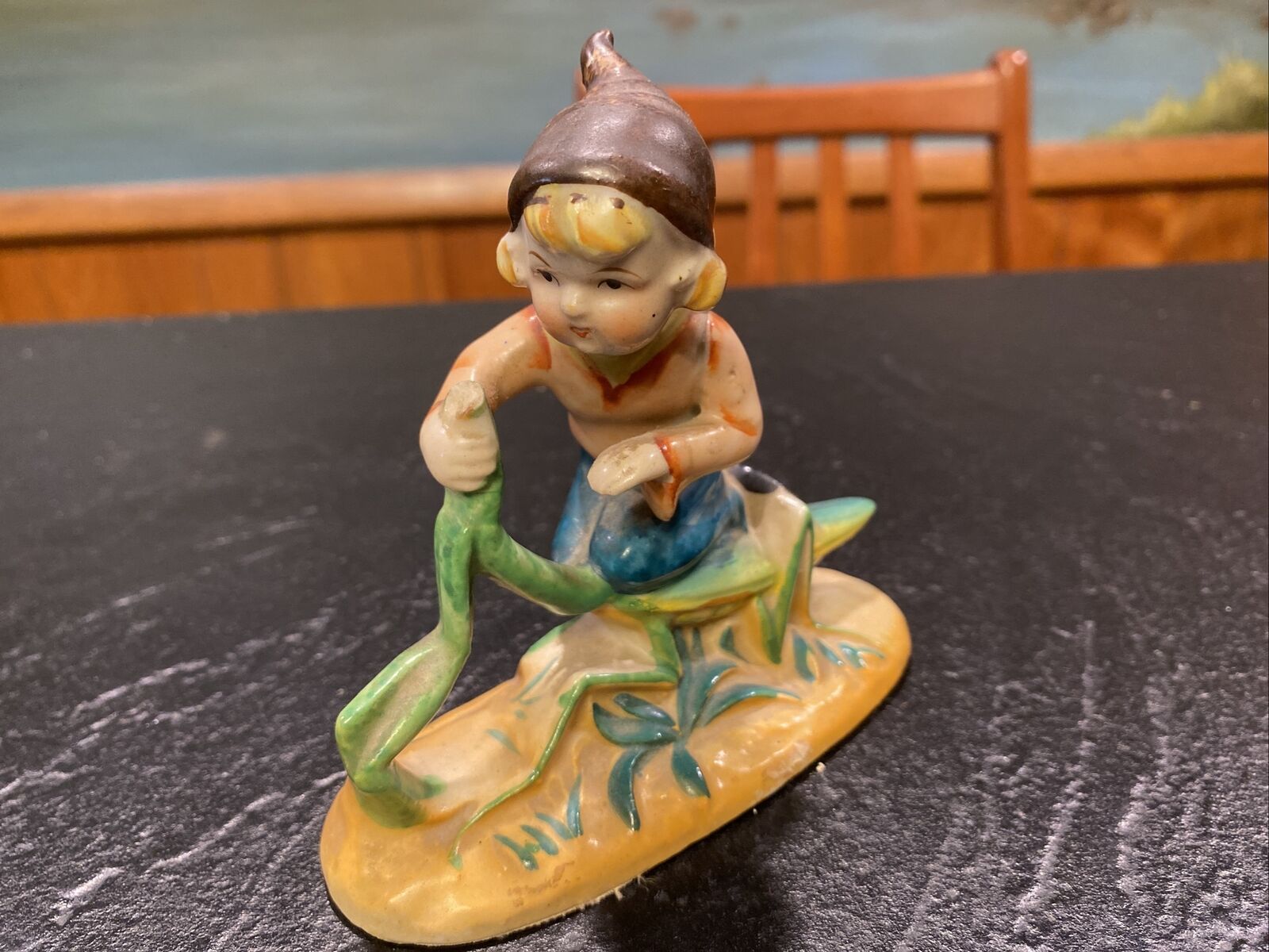 Occupied Japan Pixie Elf Gnome Figurine Riding Praying Mantis 4.5” X 5” EUC