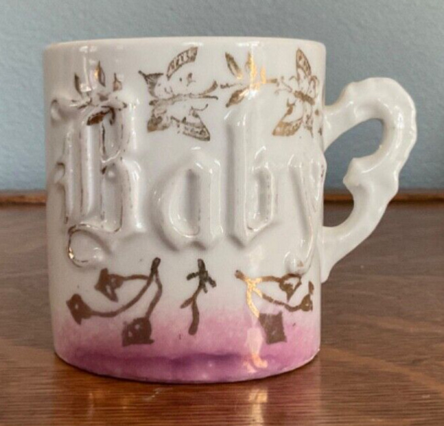 Antique Vtg Pink White Luster Baby Mug w/ Gold Butterflies Raised Letter Germany