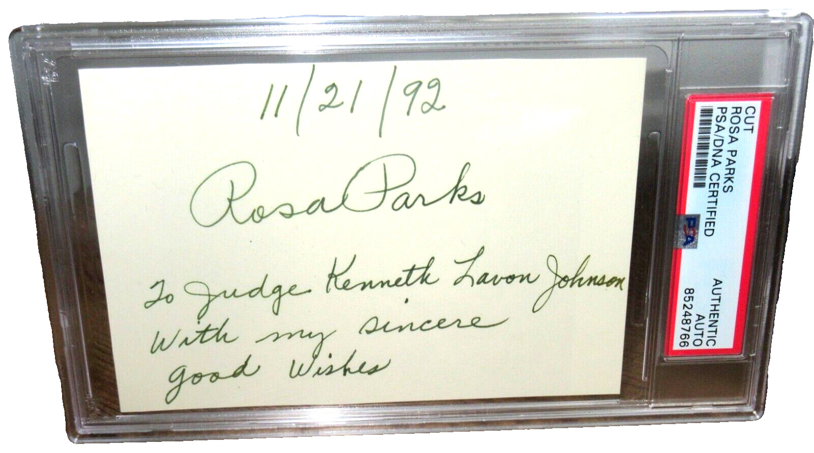 Rosa Parks SIGNED Cut PSA/DNA Slab Civil Rights- w/ RARE inscription to a Judge