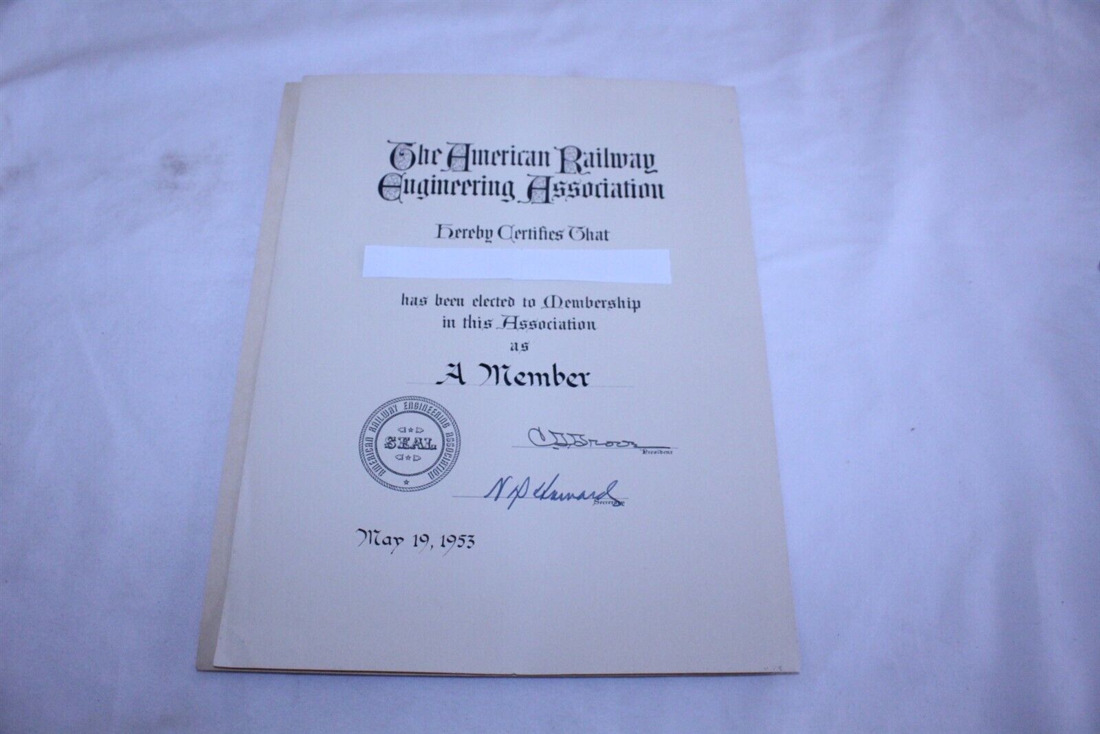Membership Certificate The American Railway Engineering Association 1953 Vintage