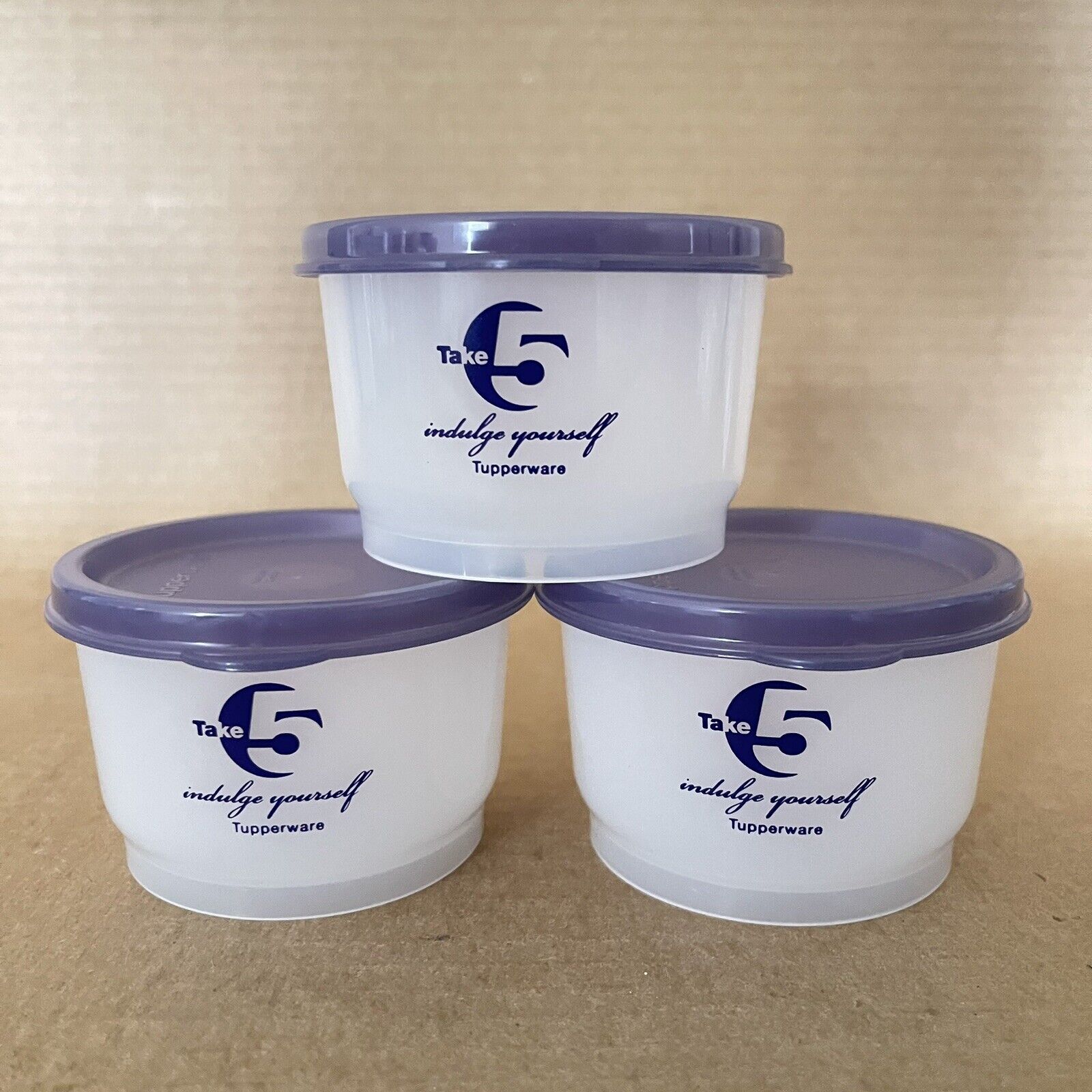 Tupperware Snack Cups Set of 3 Purple Seals 4 oz. Containers - Take 5 Logo