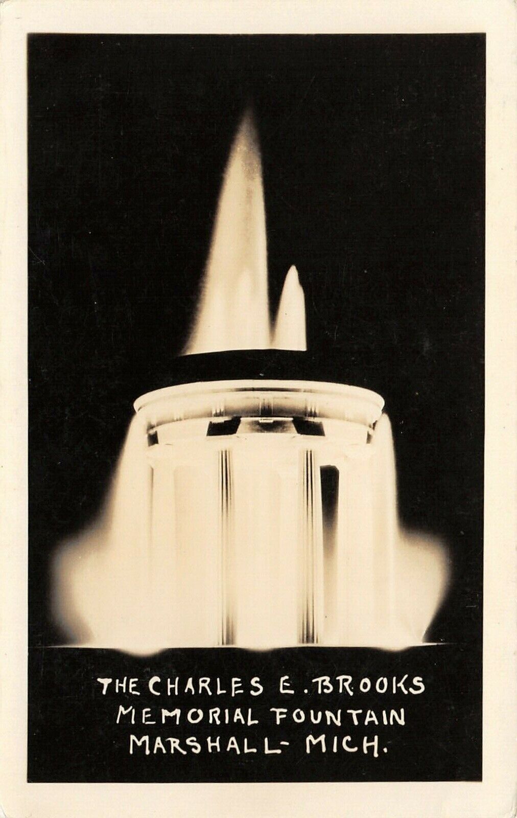 Marshall Michigan~Charles E Brooks Memorial Fountain~Night Lights~1930s RPPC