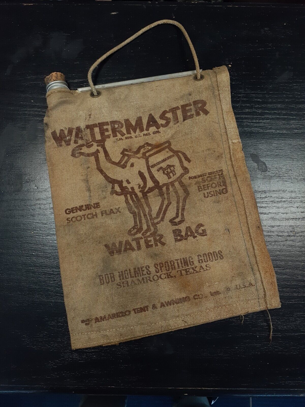 Vintage 1940/50s Watermasters Burlap Waterbag Bob Holmes Spirting Goods Texas
