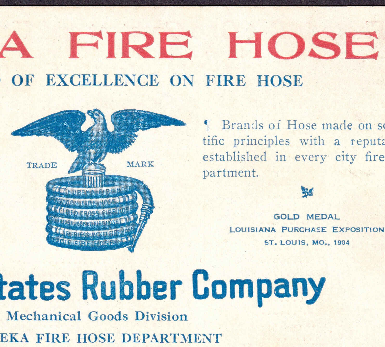 Eagle Fire Hose Eureka United States Rubber Co Philadelphia Business Trade Card