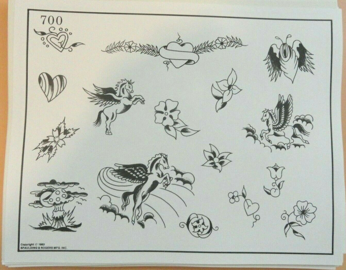 Vintage 1983 Spaulding & Rogers Tattoo Flash Sheet #700 Pegasus Flowers Heart