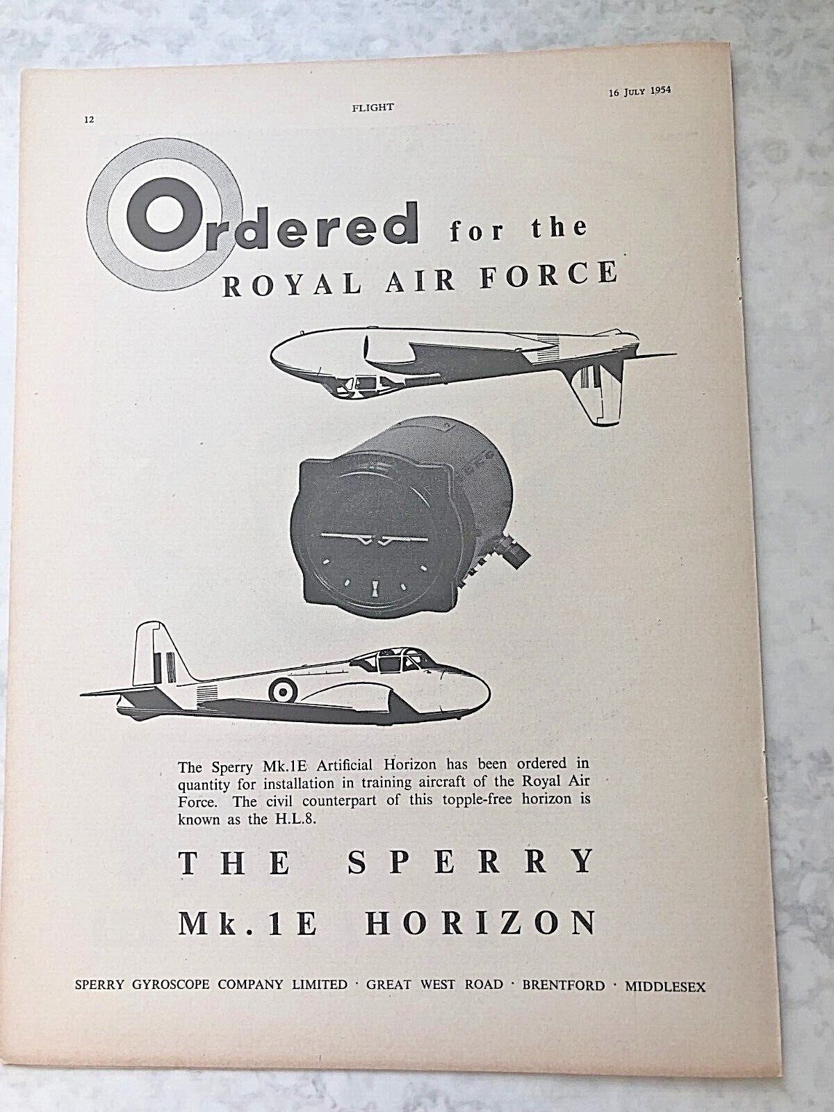 1954 Aircraft Advert SPERRY GYROSCOPE MK.1E ARTIFICIAL HORIZON  ROYAL AIR FORCE