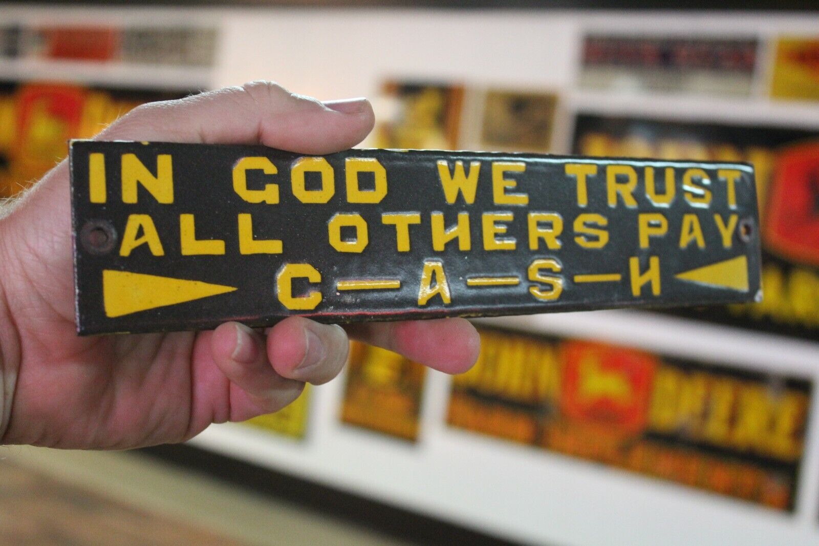 IN GOD WE TRUST ALL OTHERS PAY CASH PORCELAIN METAL SIGN GAS OIL REPUBLICAN NRA 