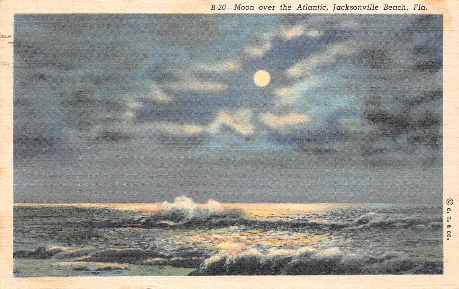 Moon Over The Atlantic Ocean Jacksonville Beach Florida 1940 Linen Postcard