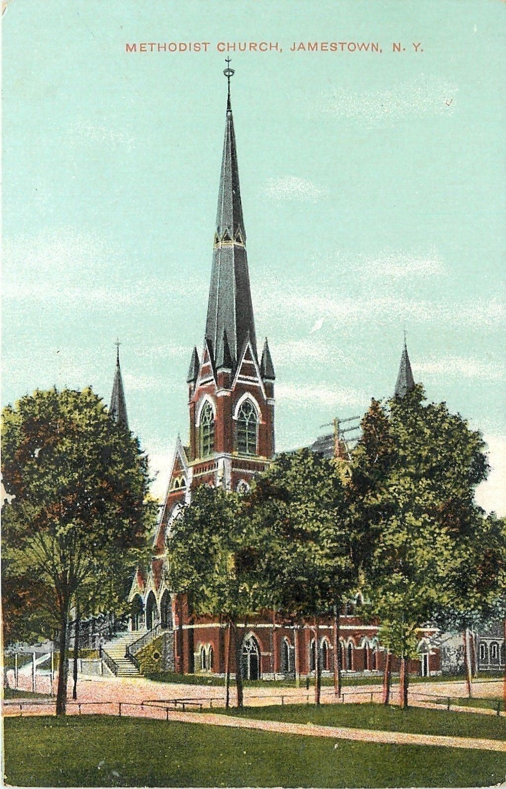 Jamestown New York~Railing, Trees, Utility Poles Before Methodist Church 1910