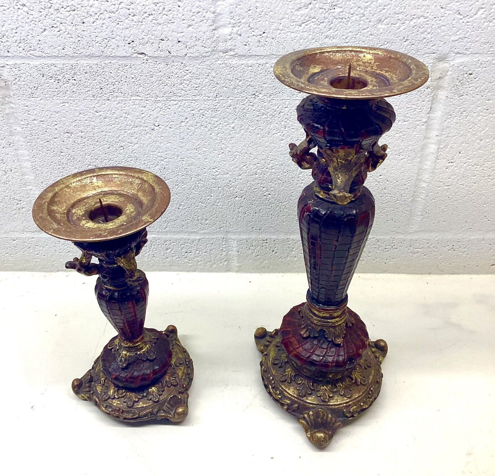 Vintage Brass Candlesticks Pair 13.5” & 10” Round Footed Base  Retro MCM