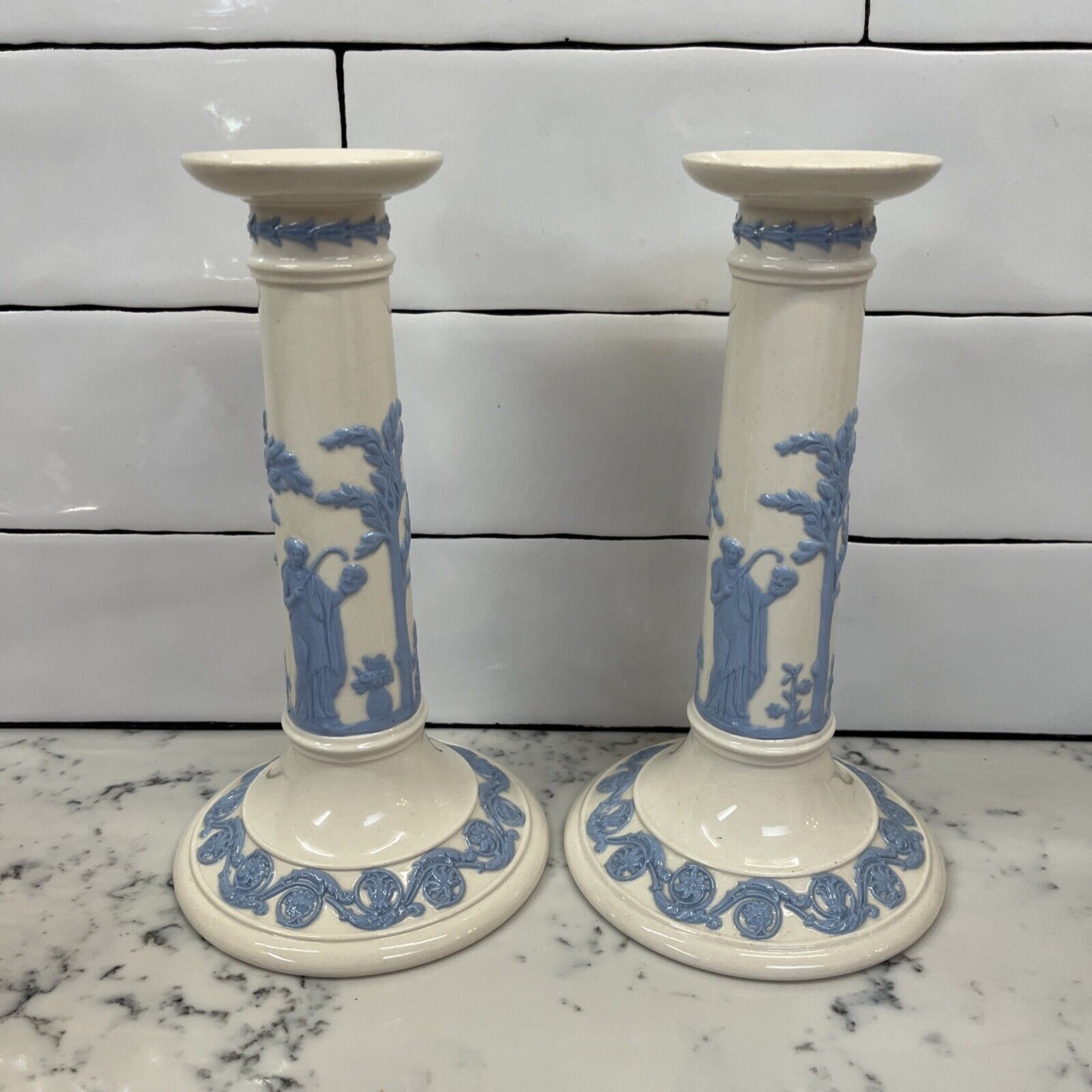 Vintage Pair Of 8” Candlestick Holders English Wedgwood Style Porcelain