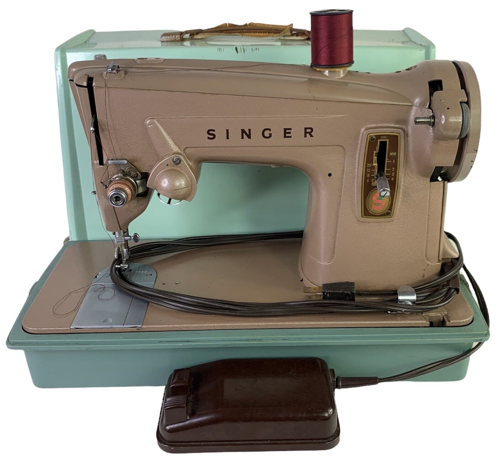 Singer Sewing Machine 13608M Retro MCM Deco Brown w/ Green Case Vintage Working