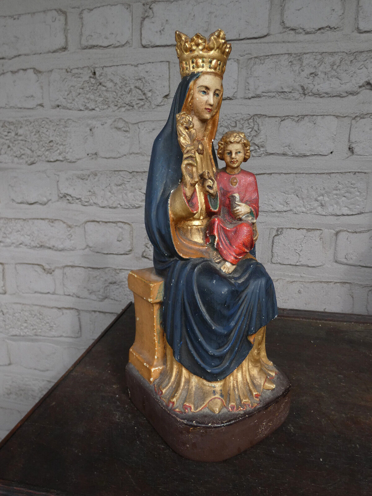Antique french chalk statue madonna with child jesus and dove bird religious