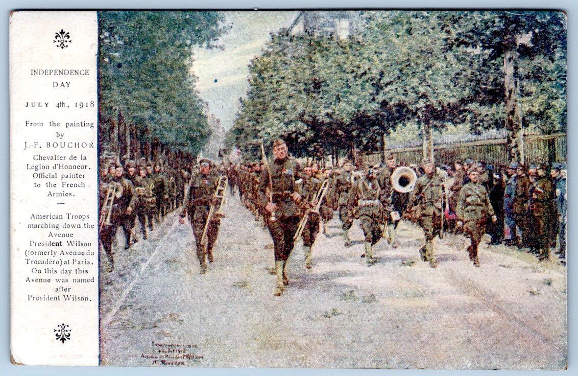 1918 WWI RED CROSS MILITARY POSTCARD INDEPENDENCE DAY PARADE*BOUCHOR PAINTING